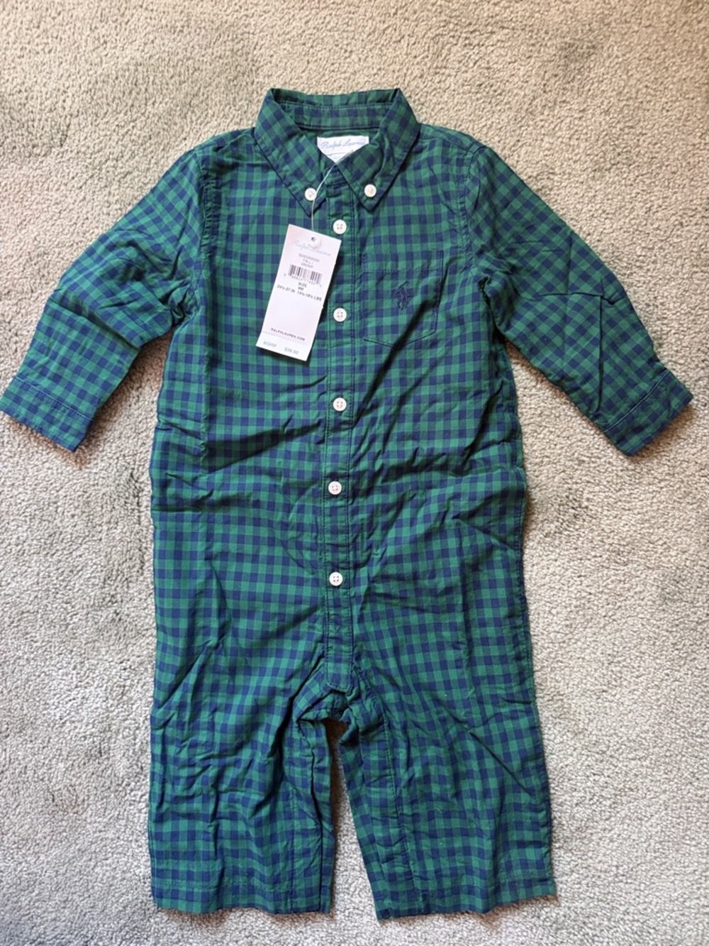 Ralph Lauren Button-Front Green Navy Check Infant Romper